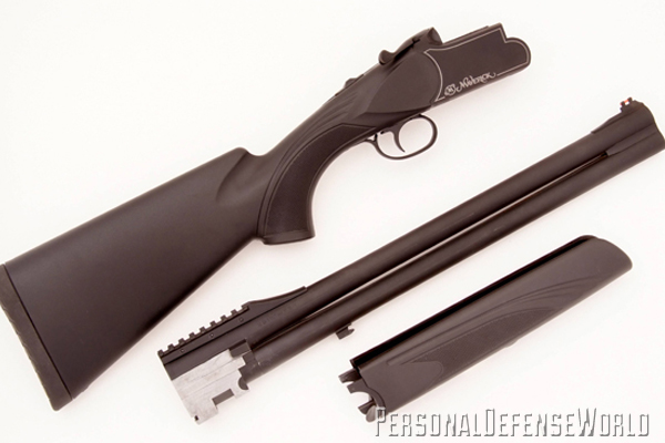 The easy-to-disassemble Maverick HS12 comes with blued, 18.5-inch barrels  and a synthetic stock and forend.  HS12s can come with or without  (shown) small rails under  the bottom barrel.