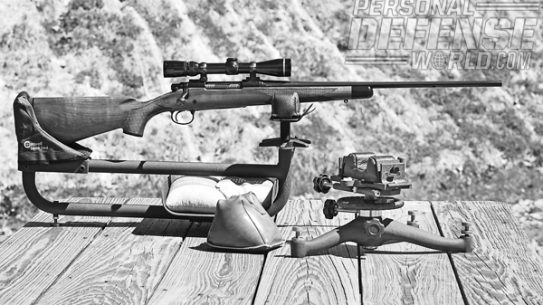 At left is the Lead Sled, which is ideal for harder-kicking rifles. At right is the Rock benchrest and rear sandbag for more conventional cartridges.