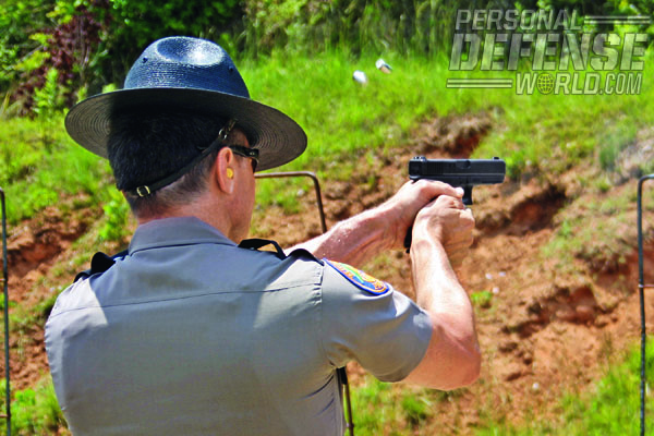 Brass flies as Trooper Manuel Smyrnios experiences his first time shooting the new GLOCK 37 Gen4.