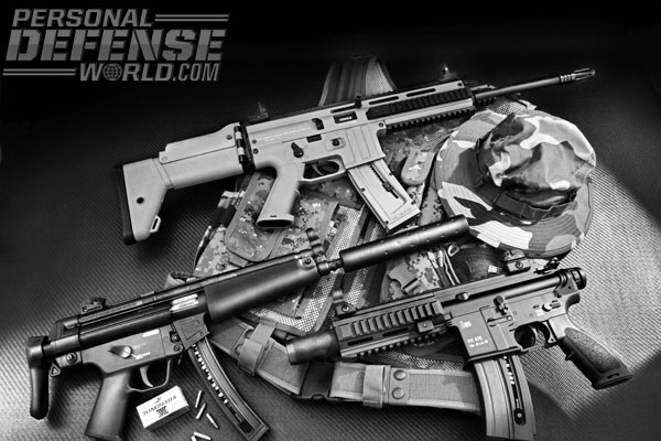 Same guns, smaller caliber is the ideal recipe for .22 tactical rifles and pistols. Most of the major models chambered in 9mm and 5.56mm are duplicated in .22 versions such as the ISSC MK22 (top) based on the FN SCAR, and two models from HK (lower) built to duplicate the original 9mm MP5 and the 5.56mm 416. The HK .22s are manufactured in Germany by Carl Walther.