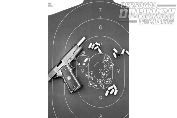 A B-27 silhouette target was set out at 25 yards. Best 5-shot group fired from a bench rest was with CorBon 185-gr. DPX measuring 1.5 inches.