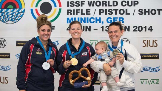 (L-R) Silver medalist Janessa Jo BEAMAN of the United States of America, Gold medalist Victoria Rose BURCH of the United States of America and Bronze medalist Alessandra PERILLI of San Marino pose with their medals after the Trap Women Finals at the Olympic Shooting Range Munich/Hochbrueck during Day 1 of the ISSF World Cup Rifle/Pistol/Shotgun on June 6, 2014 in Munich, Germany. (Photo by Wolfgang Schreiber)