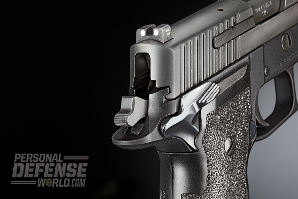 The P226 Elite SAO includes ambi manual safeties, a spurred hammer and extended beavertail to prevent hammer bite.