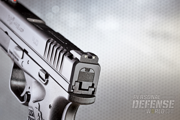 The rear sights feature white dots that easily frame the red fiber-optic front sight.
