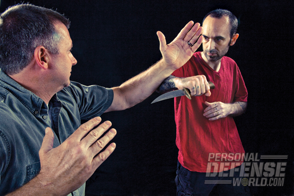 Reaction time is critical in life threatening situations. Stop his initial advancement with your forearm before he has a chance to press his deadly blade against your neck or throat!