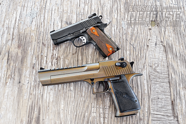 Placed beside its .50-caliber cousin, the Desert Eagle Mark XIX, the 1911U looks compact indeed. The gun’s 3-inch barrel and lightweight frame make it ideal for concealed carry.