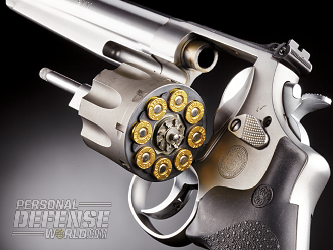 The S&W Model 929 9mm revolver features a titanium cylinder that has been cut to accept eight-round full moon clips.