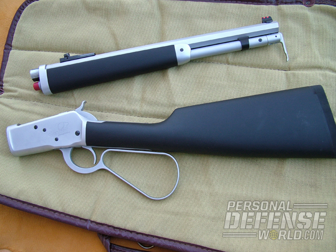 The Alaskan breaks down easily into two halves that can be stowed in a small bag. Also note the black, over molded stock and forearm.