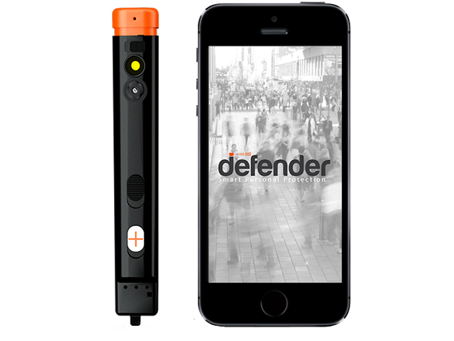 The Defender pepper spray device connects to the Defender iPhone and Android app.