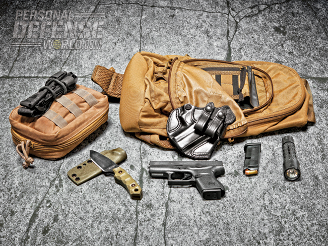 Clockwise from the top: Tactical Tailor Backpack, DeSantis G42 holster, SureFire flashlight, spare G42 mag, Glock 42, Krypteia Deimos Knife, Diamondback Tactical Med bag, and Cat tourniquet.