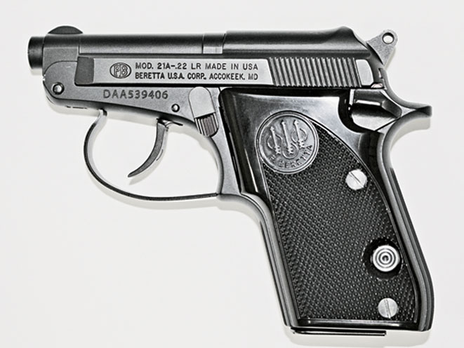 Beretta’s Model 21A is popular for concealed carry. Its tip-up barrel makes it easy to load, especially by those who lack the finger strength to grip and cycle the diminutive slide.