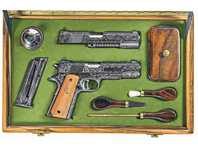 colt model 1911, 1911, model 1911, 1911 engraving, model 1911 gun engraving, government model 1911a1, national match pistols, jan gwinnell engraving, handguns, gun case