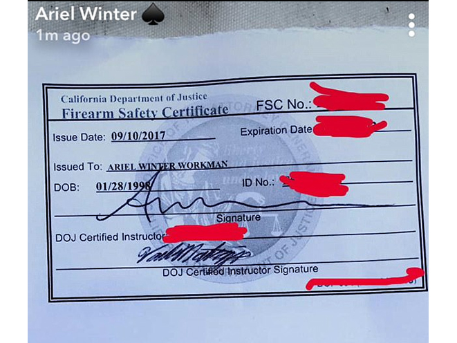 ariel winter firearm safety certificate