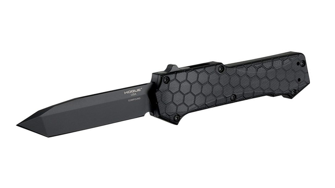 The Hogue Compound automatic knife uses a hybrid design.