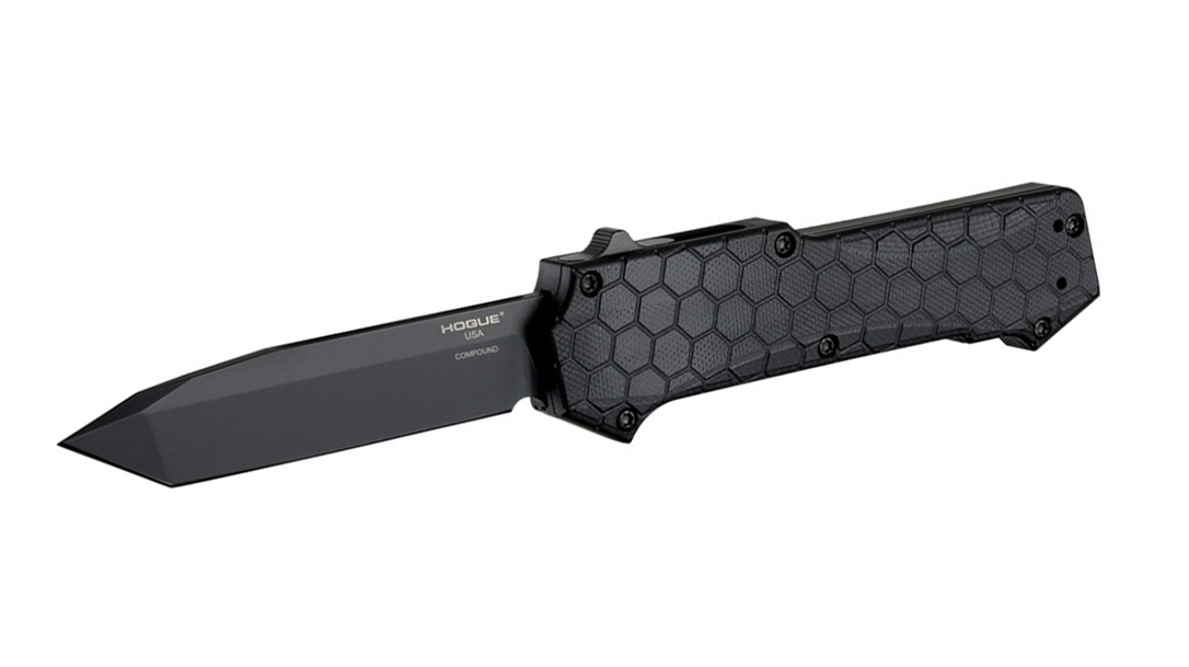 The Hogue Compound automatic knife uses a hybrid design.