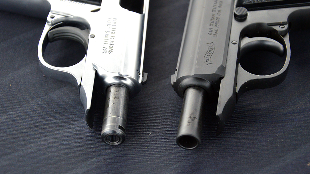 While the .22 LR utilizes a sleeved barrel threaded for a muzzle device, the .380 is standard.