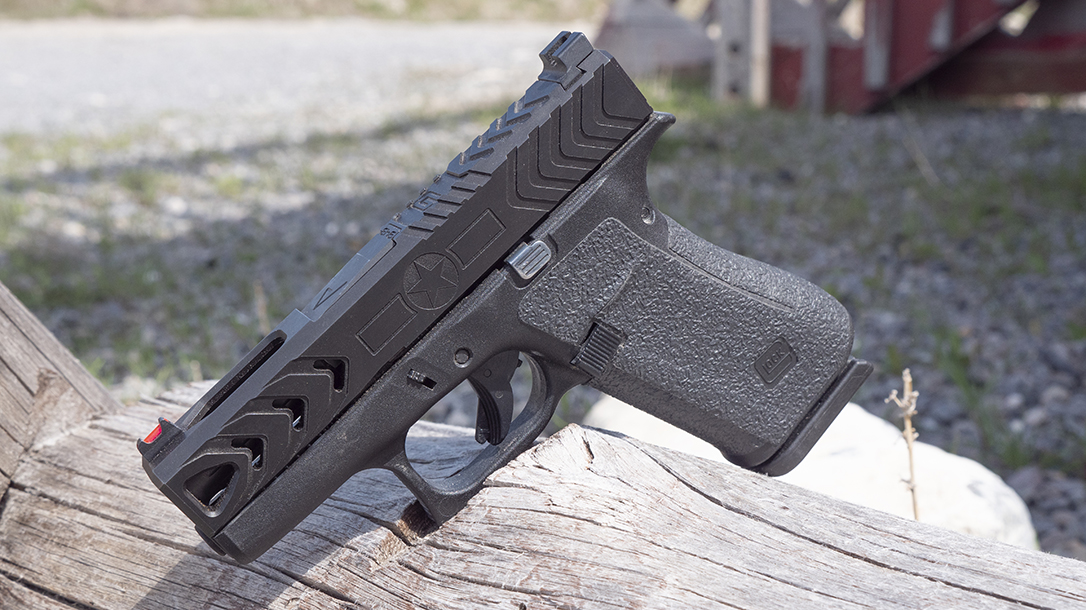 The POF G43X slide features several lightening cuts. G48