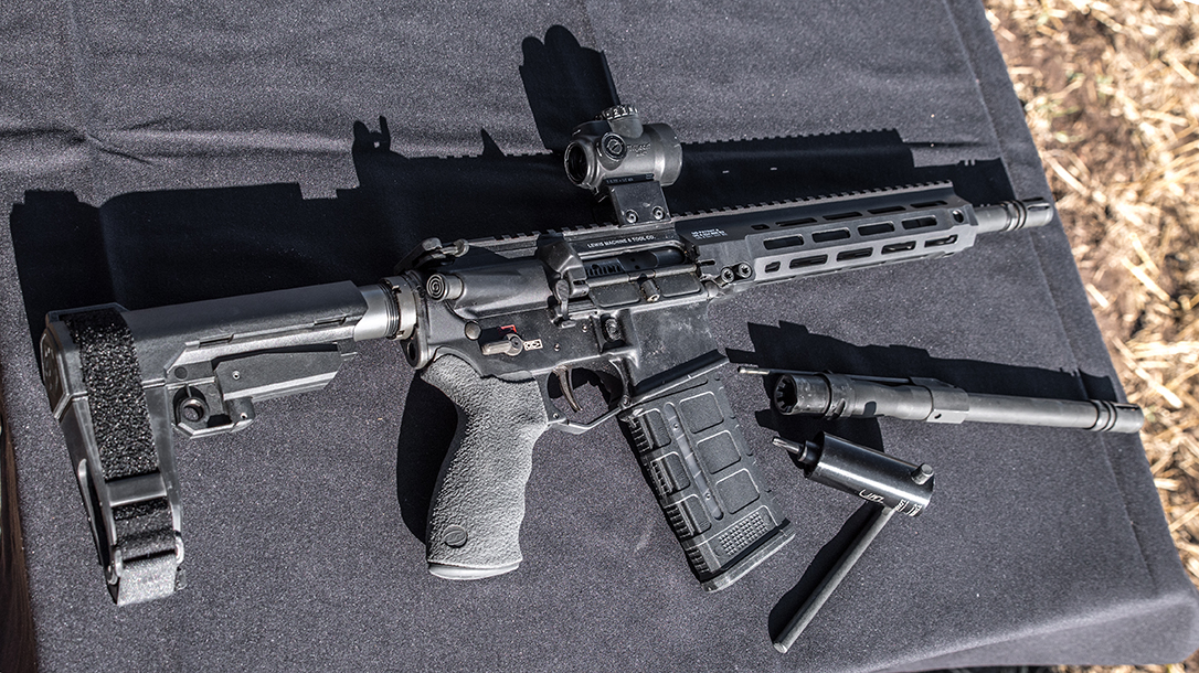 The LMT MLC Pistol features barrel and caliber change features.