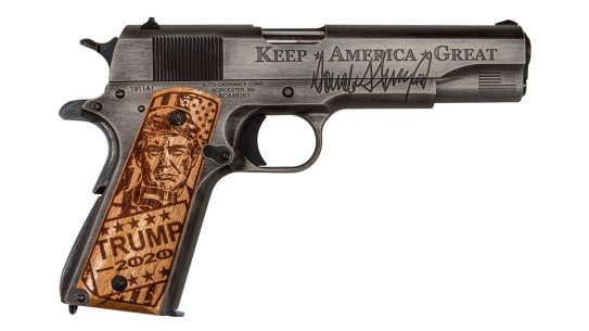 The Auto-Ordnance Promises Kept 1911 features a picture of President Trump on the right grip panel.