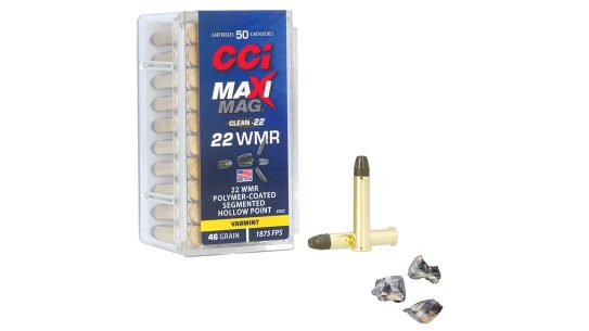 The 46-grain CCI Maxi-Mag Clean-22 in 22 WMR reduces fouling via a polymer coating and segments into three distinct wound channels during penetration.