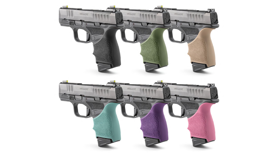 The Hogue HandALL grip sleeve adds comfort and control to the Springfield Hellcat pistol.