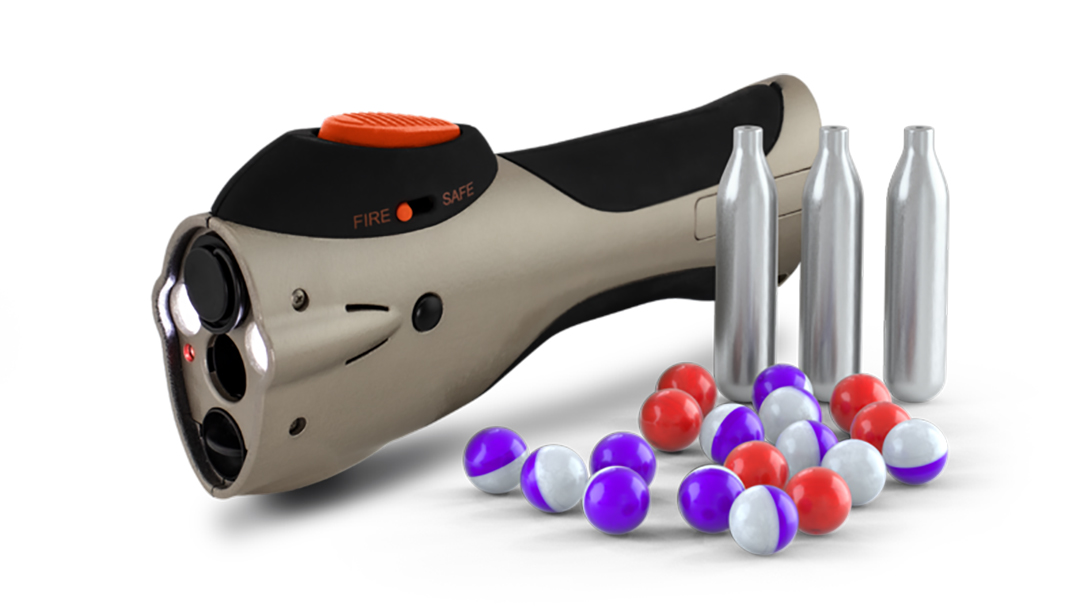 The new PepperBall Launcher includes an LED light and laser aiming device.