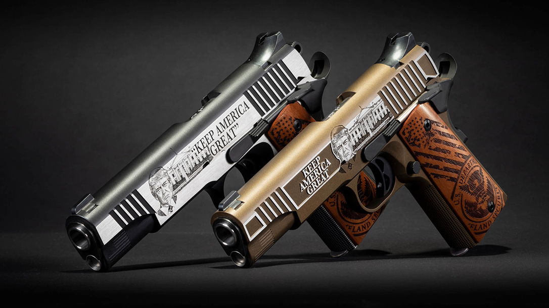 The 2020 Auto-Ordnance Trump 1911s feature detailed engravings.