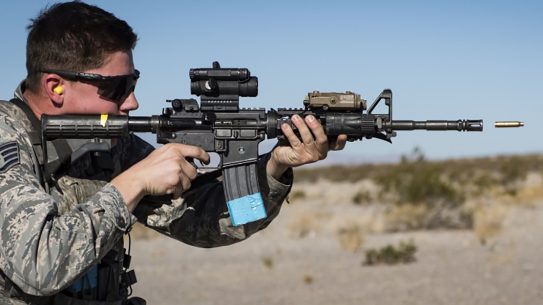 A U.S. airmen fires a Colt manufactured M4 carbine.