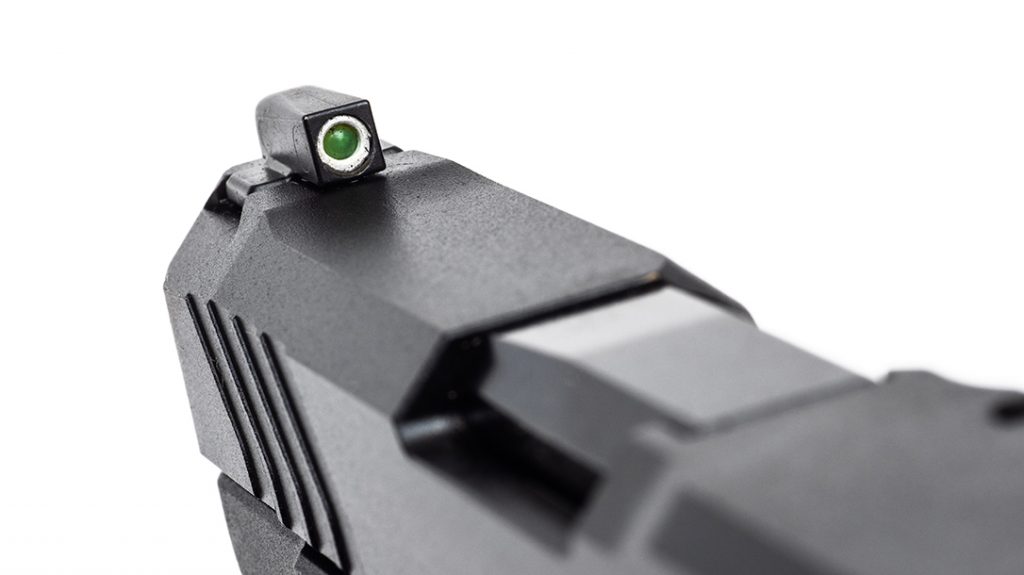 Another nice upgrade is a tritium front sight with a white outline for easy visibility.