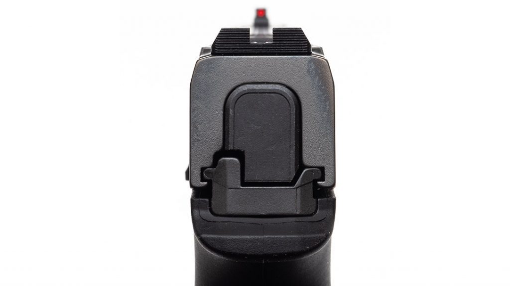 The slide includes a blacked-out and serrated rear sight that stays in place even with an optic installed.