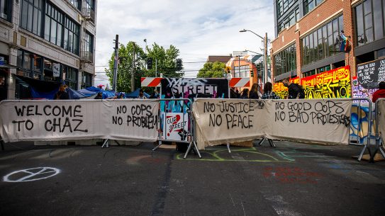 One of many blockaded intersections and entrances to what “protesters” declared to be the Capitol Hill Autonomous Zone (CHAZ) in Seattle, Washington during protests in 2020. The only way in or out was on foot.