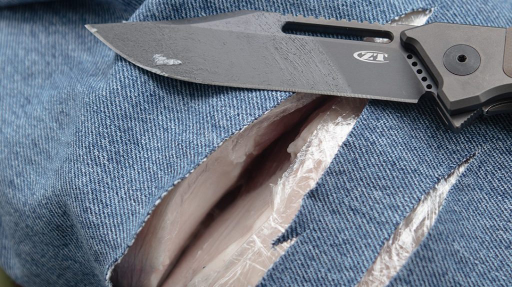 Initially I thought the Zero Tolerance Knives 0223 had glanced off the denim. However, it sliced as deep as the blade’s length, with almost no resistance.
