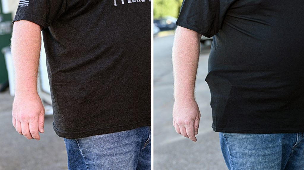 For everyone's sake, buy shirts that fit you properly. A shirt that is too tight will show much more than just your gun.