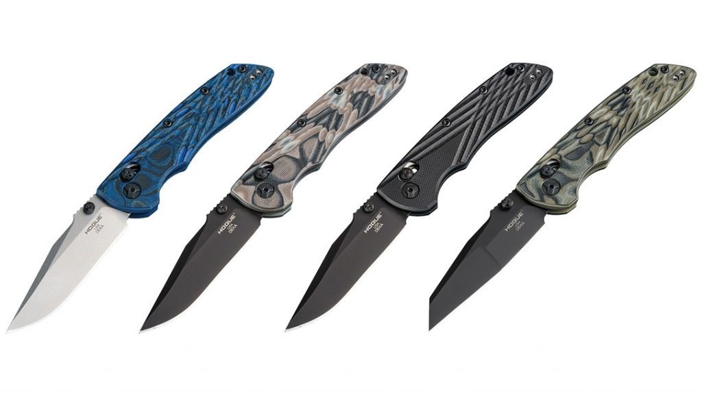 The Hogue Knives Deka EDC Folder comes in four different handle colors, solid black and G-Mascus in Blue Lava, Dark Earth and Green.