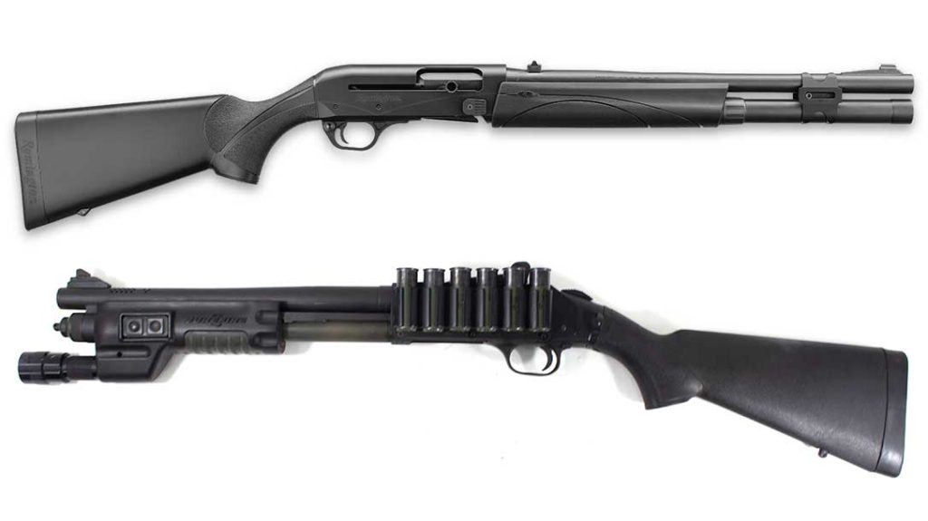 The top is a semi-auto gas gun and the bottom is a pump action.