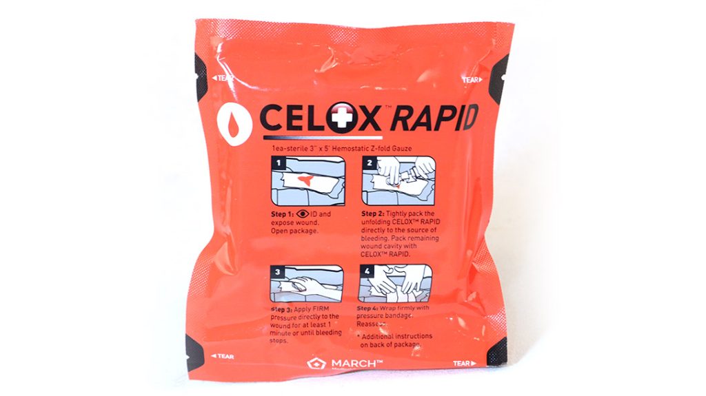 Celox Rapid is gauze impregnated with chitosan. This miraculous material instantly precipitates clotting and helps staunch bleeding.