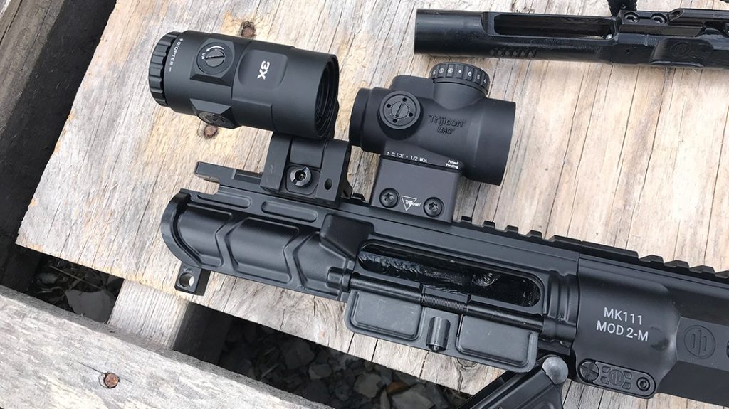 The Trijicon 3X magnifier arrives on a tilt-up mount for ultimate flexibility.