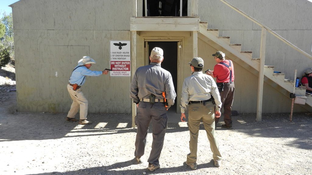 Prior to entering a shoot house for force-on-force training, Gunsite safety protocols call for all participants to be checked for weapons and other dangerous objects.