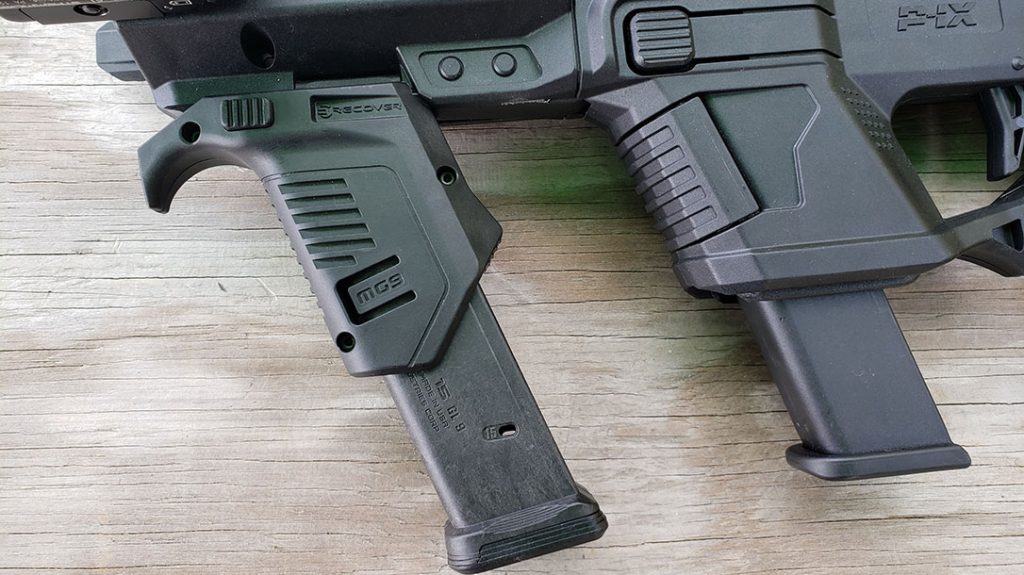 The left side magazine release engages the pistol’s existing mag release within the clamshell.