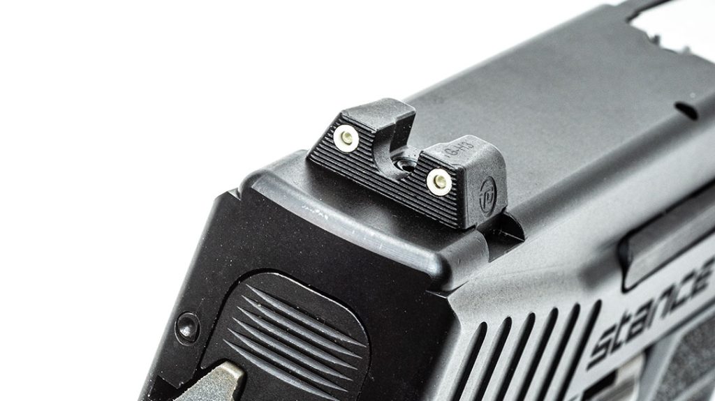 Truglo tritium night sights are one option for the Savage Stance. Standard three-dot sights are another option for the pistol.