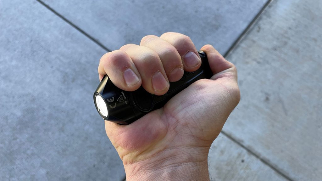 A flashlight is a natural—and completely legal—version of a martial arts Yawara stick or Kubotan. Just grip it in your fist and hammer with the bezel end.