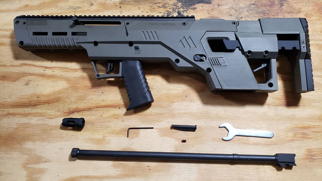 The Meta Tactical Apex Carbine Conversion kit comes with the Apex chassis, a 16-inch barrel, a muzzle device with wrench, and instructions for assembly.