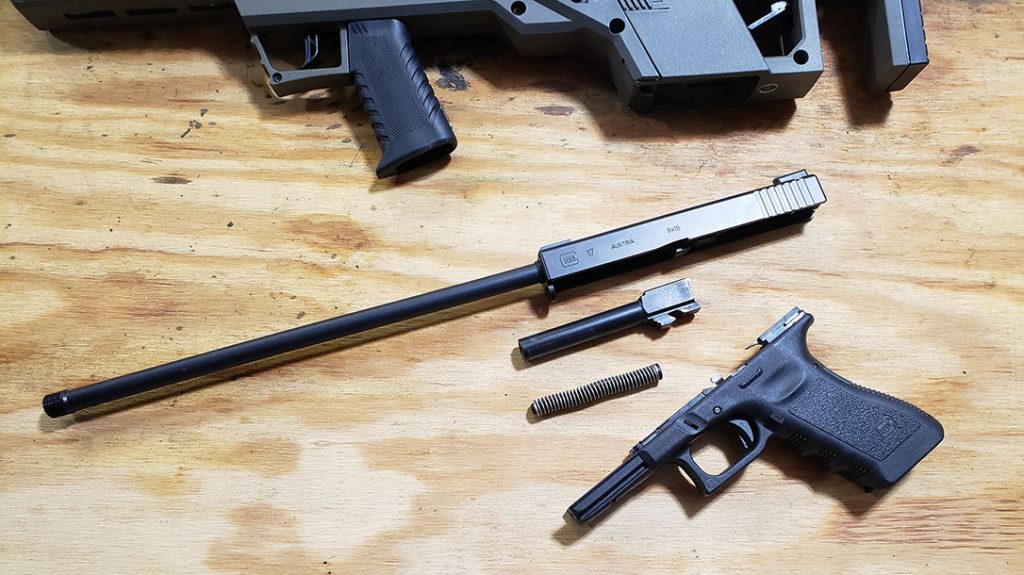 Installing the kit’s 16-inch barrel is as simple as field stripping your Glock.