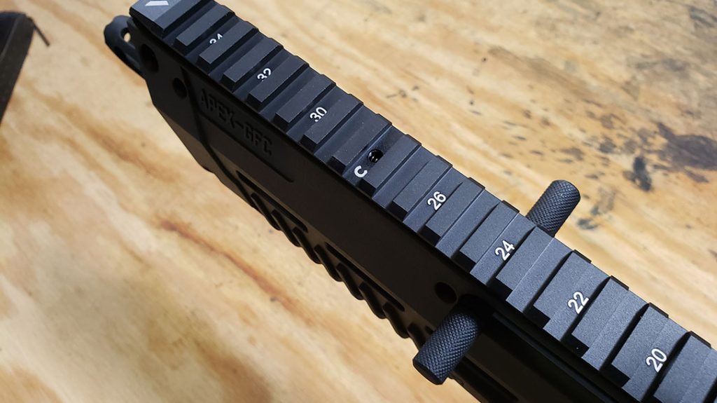 The Meta Tactical Apex has a 35-slot aluminum Picatinny rail for sight and optics mounting.