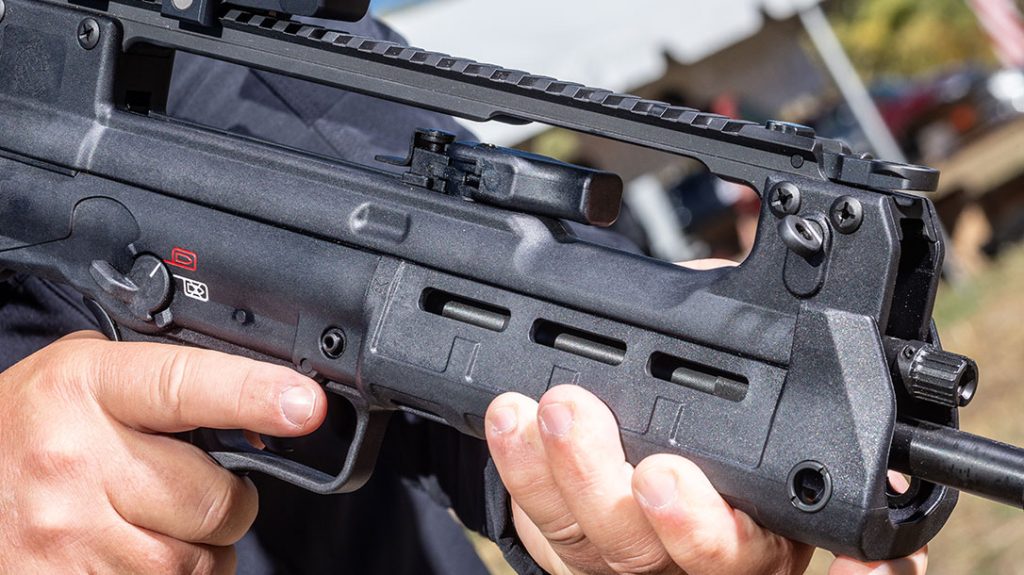 The charging handle of the Springfield Armory Hellion is reminiscent of the H&K G36 and is spring-loaded.