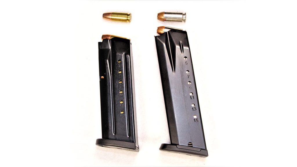 The M&P 9c magazine (left) holds15 rounds, but you need a bigger magazine to hold 15 rounds of .40 S&W (right). The .40 therefore requires a bigger grip frame to hold the bigger magazine and that makes it a bit less concealable. The 9mm holds a slight edge VS the 40 in this aspect.