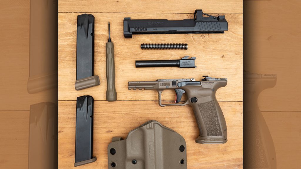 Field stripping the Canik METE SFT is similar to a Glock pistol, except the slide is lifted off the frame rather than slid off the rails.