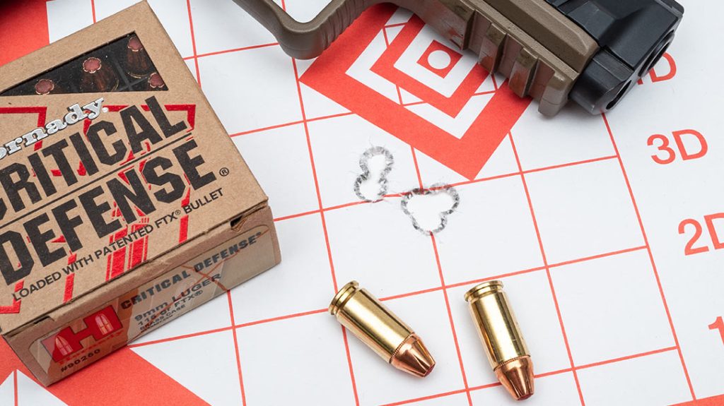 Hornady’s 115-grain Critical Defense had an average group size of .98 inches and a best five-shot group of .81 inches.