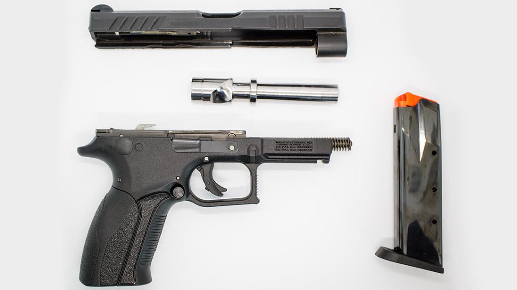 With a captive recoil spring and rod, the pistol easily breaks down to just three major components—the frame, barrel and slide. Newer models have nitrided barrels.