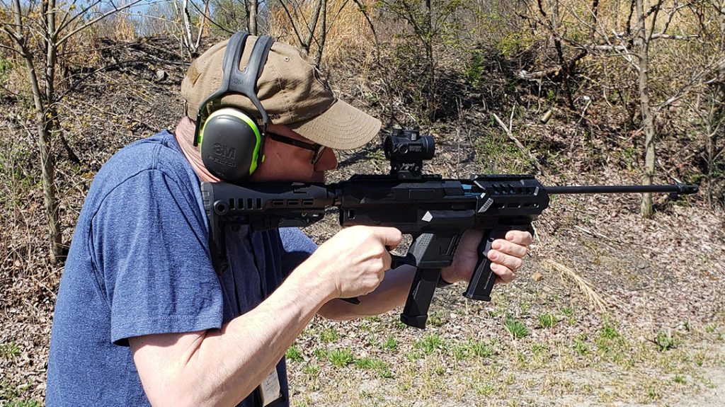 The author shooting the Recover Tactical P-IX with a 16-inch barrel.